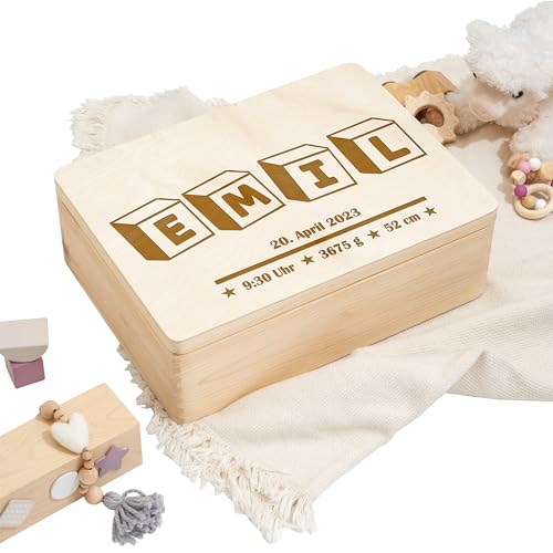 Waldwicht | Cooler Name mit Bauklötzen mit allen Geburtsdaten | Erinnerungsbox zur Geburt - Personalisiertes Geschenk - Aufbewahrungsbox, Erinnerungskiste, Holzkiste, Geschenkbox | mit Deckel