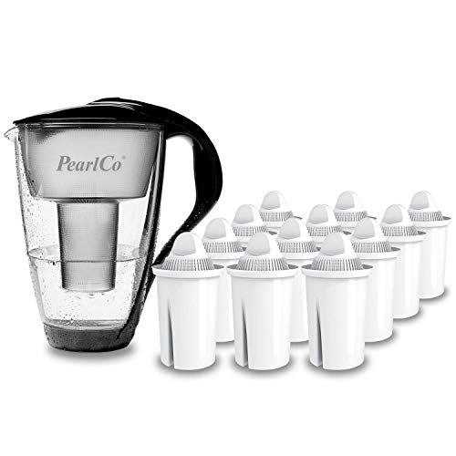 PearlCo - Glas-Wasserfilter (schwarz) mit 12 classic Filterkartuschen - passt zu Brita Classic