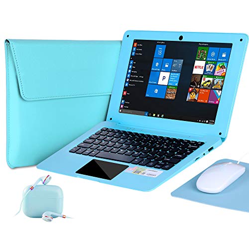 Windows 10 Laptop 25,7 cm (10,1 Zoll) Quad Core Notebook schlank und leicht Mini Netbook Computer mit Netflix YouTube Bluetooth WiFi Webcam HDMI und Laptoptasche, Maus, Mauspad und Kopfhörer (blau)