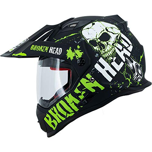 Broken Head Bone Crusher Cross-Helm Grün mit Visier - Enduro-Helm - MX Motocross Helm mit Sonnenblende - Quad-Helm (XS 53-54 cm)
