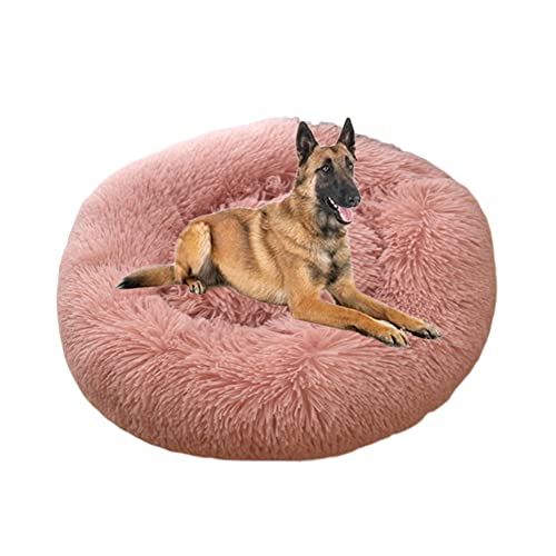Rundes beruhigendes Donut-Hundebett, rutschfest, für Welpen, Kätzchen, Kuscheltier, weiches Plüsch, Angstlinderung, Hunde- und Katzennest, flauschiges Haustierbett für verbesserten Schlaf, 150 cm, Rosa 2