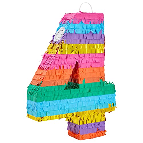 Kleine Regenbogen-Piñata Zahl 4 für Kindergeburtstag, Kinderparty, 30 x 42 x 7,6 cm