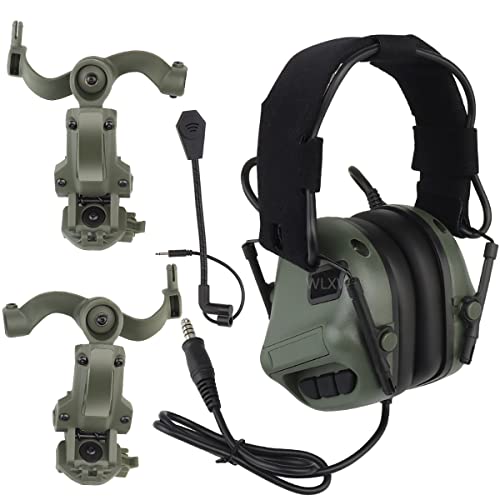WLXW Taktisches Headset Für Airsoft (Am Kopf Und Am Helm Montiert), Wargame Hunting Outdoor Non-Military Tactical Earmuff (Noise Reduction), Mit Helm-ARC-Schienen-Adapterarm,Grün