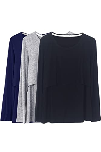 Smallshow Damen Langarm Schwanger T-Shirt Umstandsshirt Umstandstop Schwangerschaft Kleidung 3 Pack,Black/Grey/Navy,M