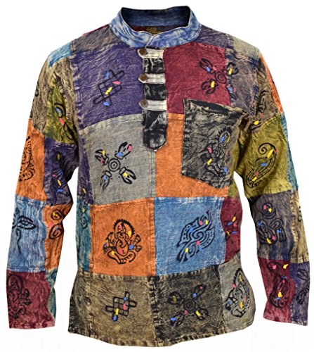 Gheri Herren Patchwork Hippie Opa Gedruckt Symbole Beiläufig Hemd Stein gewaschen Medium