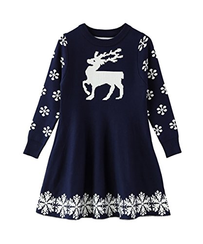 ZHUANNIAN Warmes, geripptes Strickkleid für Mädchen mit Rentier- und Schneeflockenmotiv, Weihnachtsmann-Geschenk Gr. 8-9 Jahre, marineblau