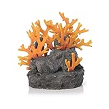 biOrb 46123 Lavagestein mit Feuerkoralle Ornament – naturnahe Aquariumdeko in Form von oranger Koralle auf grauem Felsen zur Gestaltung von Süßwasseraquarien und Meerwasseraquarien