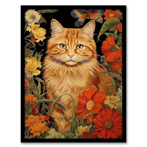 Ginger Tabby Cat Floral Painting Orange Red Spring Flower Blooms Detailed Retro Style Low-Key Animal Portrait Artwork Framed Wall Art Print A4