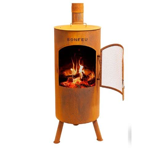 BonFeu BonTino LP Rost - Terrassenofen - Feuerstelle mit Funkenschutz für entspannte Abende - Feuersäule Outdoor - Terrassenkamin mit Grillrost - Gartenofen hochwertigem Cortenstahl - 35x35x153cm
