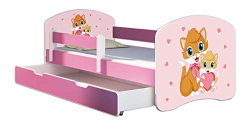 Kinderbett Jugendbett mit einer Schublade und Matratze Rausfallschutz Rosa 70 x 140 80 x 160 80 x 180 ACMA II (33 Miezekatzen, 80 x 180 cm mit Bettkasten)