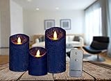 Coen Bakker 3er Set Kerze LED Echtwachskerze mit Fernbedienung Wachskerze viele Farben 10 cm + 12,5 cm + 15 cm Kerze Ø 7,5 cm flackender Docht Kerzen, Farbe:Antik Blau