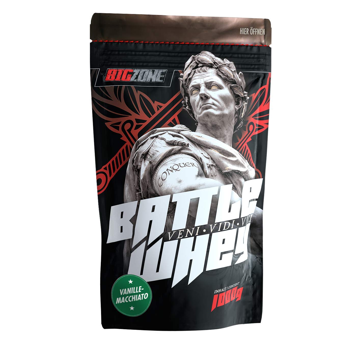 Big Zone BATTLE WHEY | Whey Protein Concentrate Eiweiss | Lecker Qualität Made in Germany | 1000g 1KG Pulver (Vanille Macchiato)