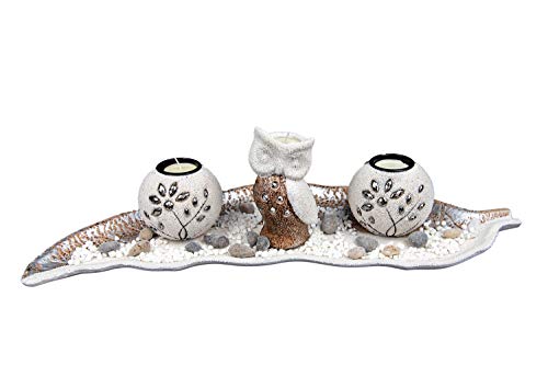 Teelichthalter Eule Große Schale mit 2 Teelichtern Set Kerzenhalter Tischdeko Wohnzimmer Dekoration 51 cm Weiß