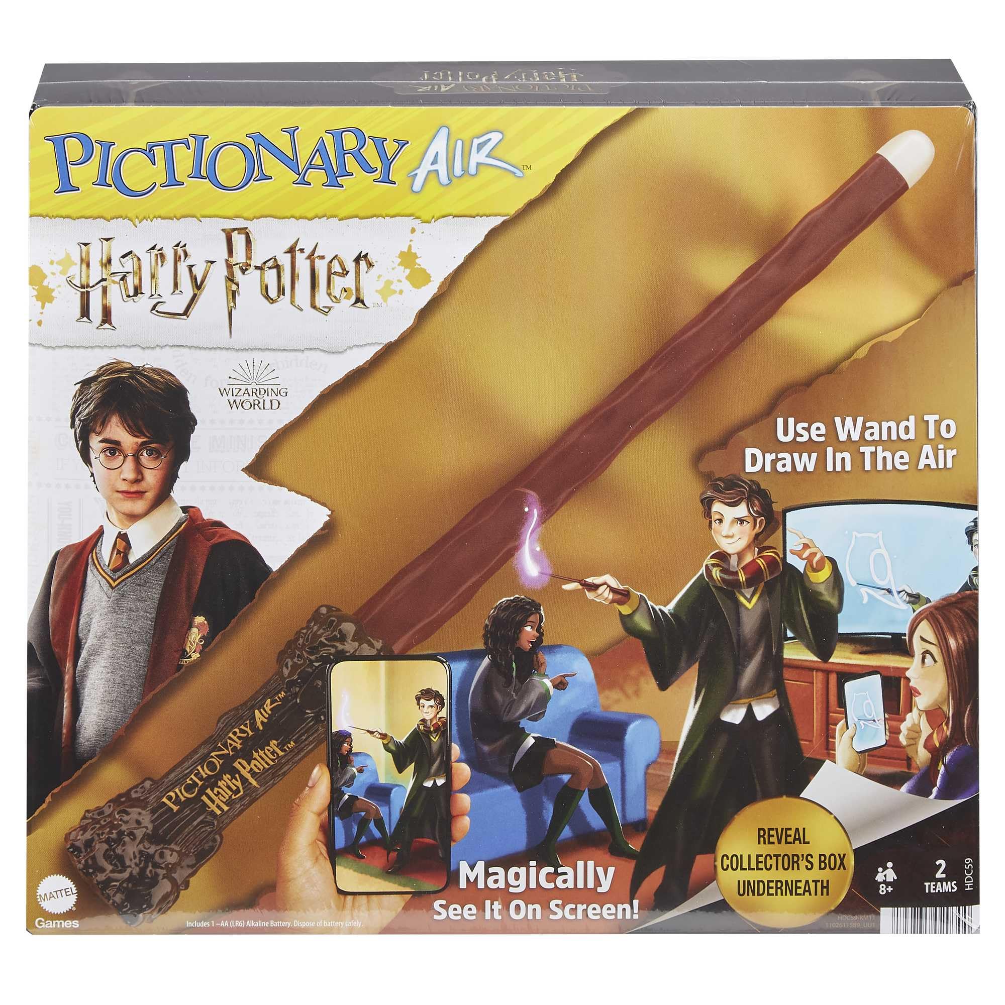 PICTIONARY AIR Harry Potter Family Drawing Game, Zauberstab, 112 doppelseitige Hinweiskarten mit Bild Bonus Hinweise (English Version)