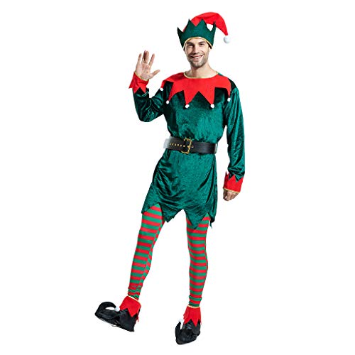 EraSpooky Herren Weihnachten Elfe Kostüm Faschingskostüme mit Hut Strumpf Überschuh Gürtel Cosplay Party Karneval Fastnacht Kleid für Erwachsene