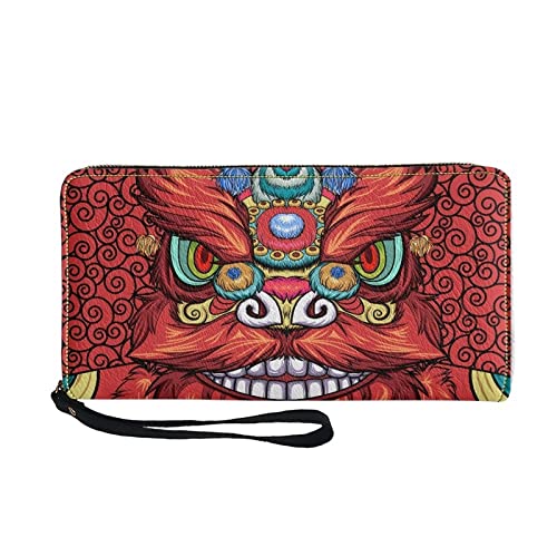Lange Brieftasche Löwentanzdruck Clutch Wallets Reißverschluss mit großer Kapazität (Color : Red)