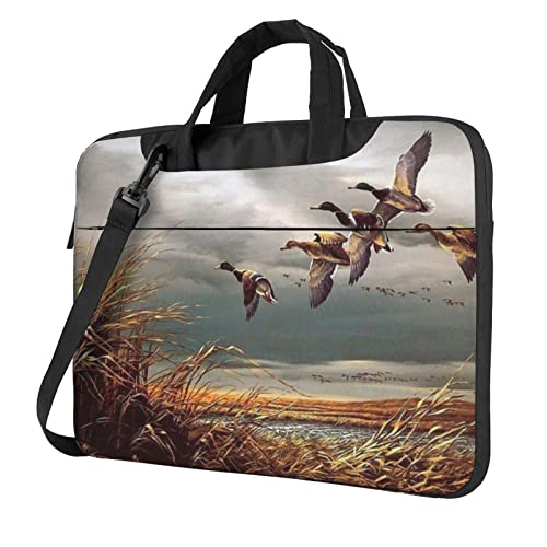 Jagd fliegende Wilde Enten bedruckte Laptop-Umhängetasche, Laptop- und Tablet-Schultertragetasche, Schwarz , 15.6 inch