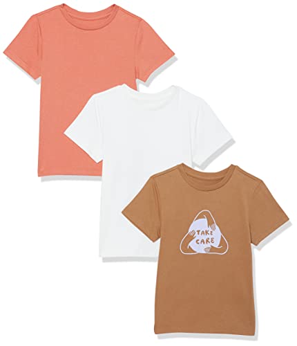 Amazon Aware Jungen Lockeres Kurzarm-T-Shirt aus Bio-Baumwolle, 3er-Pack, Pfirsich/Weiß/Take Care, 6-7 Jahre
