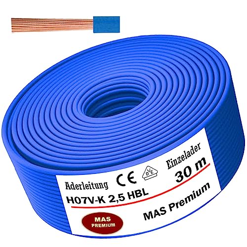 Aderleitung H07 V-K 1x2,5 mm² Hellblau Einzelader flexibel 5m, 10m, 20m, 25m, 30m, 40m, 50m bis 100m (30m)