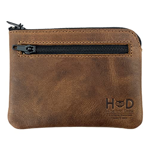 Hide & Drink, Reißverschlusstasche handgefertigt aus Vollnarbenleder, kompakte Tasche für Münzen, kleine persönliche Gegenstände, Bargeld & Kartenhalter - Bourbon Braun, Bourbon-Braun, Classic