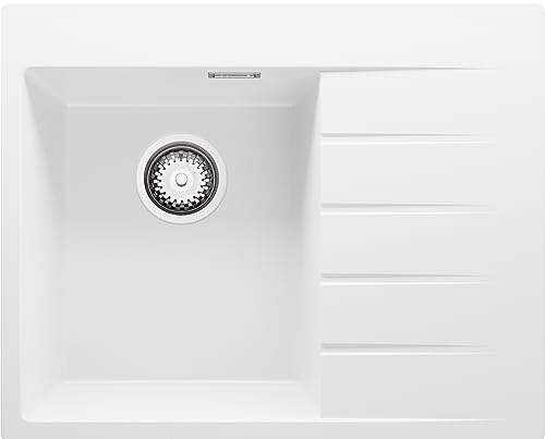 Spülbecken Weiß 62x50 cm, Granitspüle 1 Becken + Ablauf-Set, Küchenspüle ab 40er Unterschrank, Einbauspüle von Primagran
