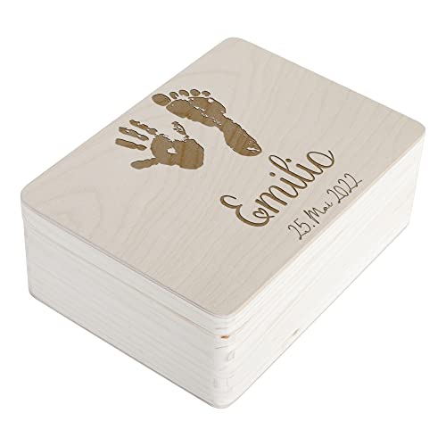 Waldwicht | Handabdruck Fußbabdruck mit Name und Geburtsdatum | Erinnerungsbox zur Geburt - Personalisiertes Geschenk - Aufbewahrungsbox, Erinnerungskiste, Holzkiste, Geschenkbox | mit Deckel