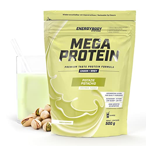 Energybody Mega Protein "Pistazie" 500 g / Mehrkomponenten Protein Pulver mit Casein Whey Mix als Eiweiss Protein Pulver / Eiweiß Shake ohne Aspartam/ Eiweißpulver / 20 Portionen