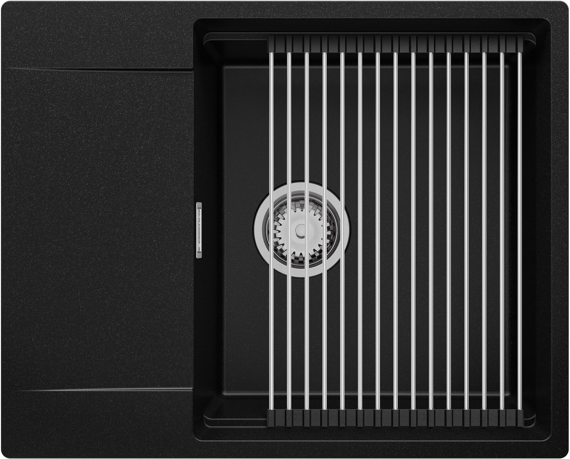Spülbecken Schwarz 62x50 cm, Granitspüle + Ablauf-Set + Aufrollbare Abtropffläche, Küchenspüle für 50er Unterschrank, Einbauspüle von Primagran