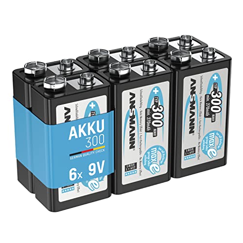 ANSMANN Akku 9V Block Typ 300mAh NiMH 6 Stück mit geringer Selbstentladung - Wiederaufladbare Batterien maxE mit hoher Kapazität - 9 Volt Batterie für Messgerät Multimeter Spielzeug Fernbedienung
