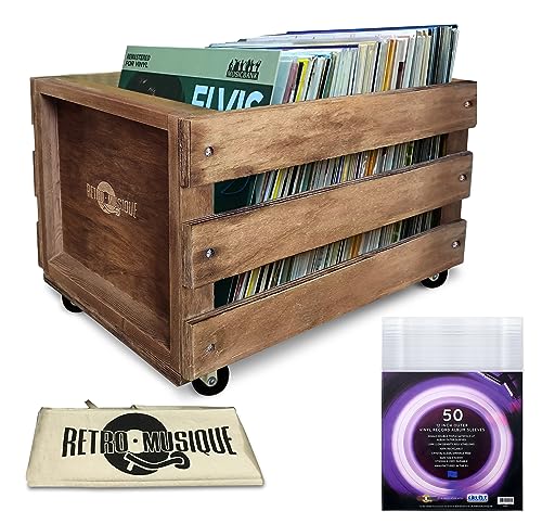 Holz-LP-Rekordlagerungskiste auf Rädern für bis zu 100 Alben, durch Retro Musique