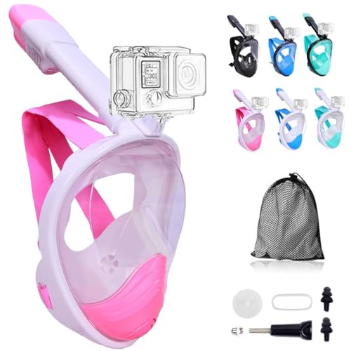 Wsobue Tauchmaske,Vollgesichtsmaske Schnorchelmaske Anti-Fog Anti-Leck,180° Sichtfeld mit Kamerahalterung Tauchmaske für Erwachsene und Kinder (Rosa S/M)