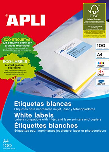 APLI 2416 - Etiquetas Blancas permanentes 63,5 x 72,0 mm 100 hojas