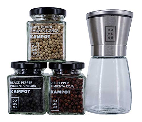 Kampot Pfeffer Premiumqualität: Schwarz (60g), Rot (60g) und Weiss (60g) - Mit Pfeffermühle