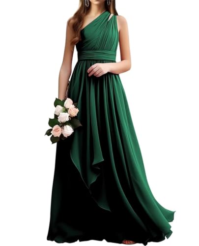 WSEYU Einschultriges Brautjungfernkleid, lang, Chiffon, gerüscht, Rüschen, formelles Ballkleid, smaragdgrün, 42
