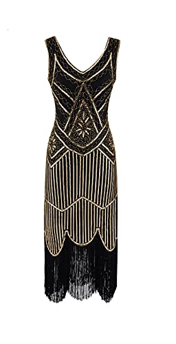 MIMIKRY 20er Jahre Charleston Pailletten Kleid Schwarz/Gold mit Fransen Flapper Damen-Kostüm, Größe:M
