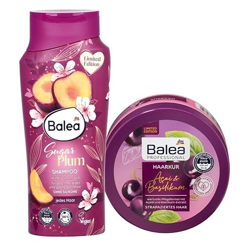 Balea 2er-Set Haarpflege: Shampoo SUGAR PLUM mit Pflaumenduft ohne Silikone für geschmeidiges Haar (300 ml) + Professional Haarkur ACAI & BASILIKUM Tiefenpflege für strapaziertes Haar (150 ml), 450 ml