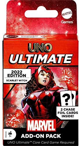 ​UNO Ultimate Marvel Kartenspiel Add-On Pack mit Scarlet Witch Character Deck & 2 Sammelfolienkarten, Geschenk für Sammler & Kinder ab 7 Jahren