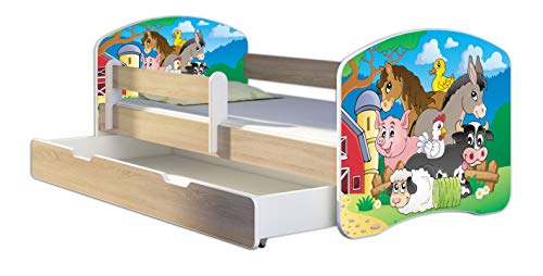 Kinderbett Jugendbett mit einer Schublade und Matratze Sonoma mit Rausfallschutz Lattenrost ACMA II 140x70 160x80 180x80 (34 Farm, 180x80 + Bettkasten)