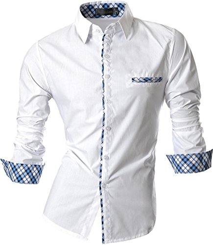 jeansian Herren Freizeit Hemden Slim Long Sleeves Casual Shirts Dress Shirts Tops (USA L, Z020_White)