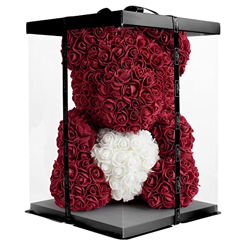Infinity® - edler Rosenbär mit über 600 handgeklebten Schaumstoffrosen, verziert mit Einer Infinity Satinschleife und Geschenkbox (ca. 40cm)
