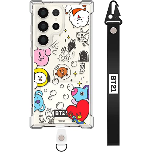 BT21 Offizielles Merchandise-Artikel für Galaxy S23 Ultra Hülle mit Gurt Schutz Fallsicher Jelly Corners Rugged Hard PC Back Clear Slim Bumper Phone Case