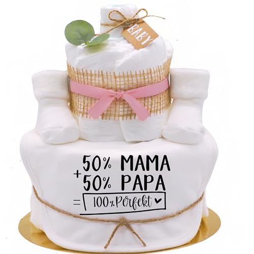 Trend Mama Sprüche Windeltorte | Mädchen- 50% Mama + 50% Papa = 100% Perfekt | Babysocken + bedrucktes Lätzchen