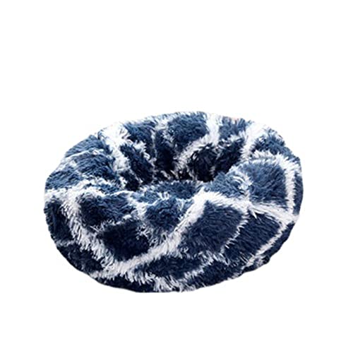 Beruhigendes Katzen- und Hundebett, flauschig, Plüsch, rund, warm, Donut-Design, mit rutschfester Unterseite, verbesserter Schlaf, Haustierhöhle, waschbar (110 cm, Marineblau)