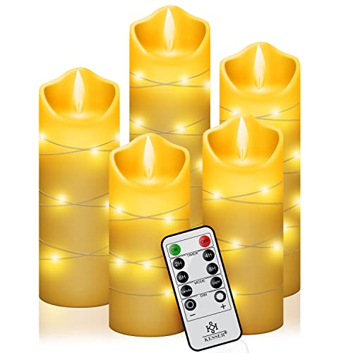 KESSER® LED Kerzen 5er Set Flammenlose Kerze Timerfunktion Timer Echtwachskerze 13cm 14cm 15cm 17cm 19cm Hoch Realistisch Flackernde Flacker-Licht Led-Flammen Echtwachs Deko Traditionell