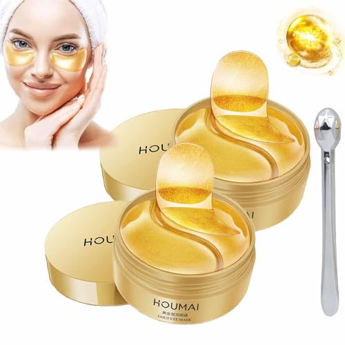 Houmai Gold Eye Mask, Houmai Eye Patch, Houmai 24k Gold Essence, Gold Collagen Eye Patches, Anti-Aging Collagen Hyaluronic Acid Under Eye Mask For Fine Lines,Wrinkles,Dark Circles (60 Pairs)