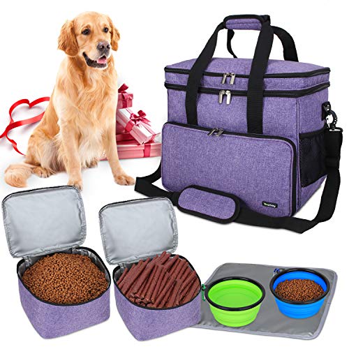 Teamoy Reisetasche für Hundeausrüstung, Hundetasche für die Mitnahme von Tiernahrung, Leckereien, Spielzeug und andere wichtige Dinge, ideal für Reisen, Camping oder Tagesausflüge (Groß, lila)