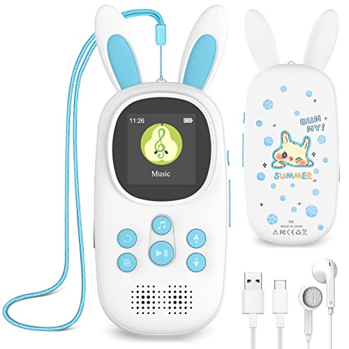 16GB Bluetooth MP3 Player Kinder, Niedlicher Hase Kinder Musik MP3 Player mit Kopfhörer & Lautsprecher, MP3-Player mit FM Radio, Aufnahmen, Alarm, Schrittzähler, Stoppuhr, Unterstützung bis zu 128GB.