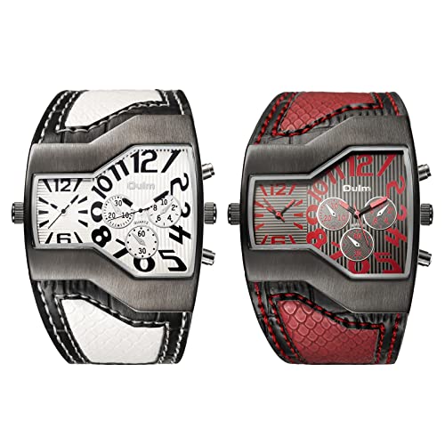 JewelryWe 2pcs Herrenuhren Analog Quarz Zwei Zeitzonen Armbanduhr Weiß/Rot Leder Armband Sportuhr Männer Uhren mit Digital Zifferblatt Geschenk