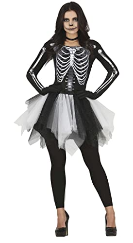 FIESTAS GUIRCA Skelet Lady - Kleid mit 3D-Skelett Aufrduck und schwarz-weißem Petticoat Kostüm Erwachsene Damen Größe L 40-42