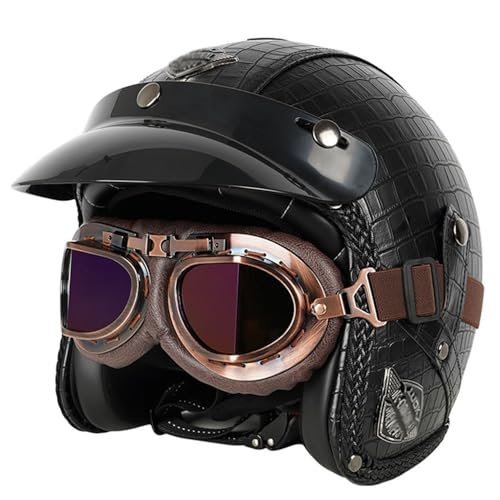 Leder Jethelm Retro Helm Motorradhelm Unisex Vintage, Rollerhelm Mopedhelm Chopper Helm mit Brille, ECE Genehmigt Jethelm Für Damen Und Herren 13,L